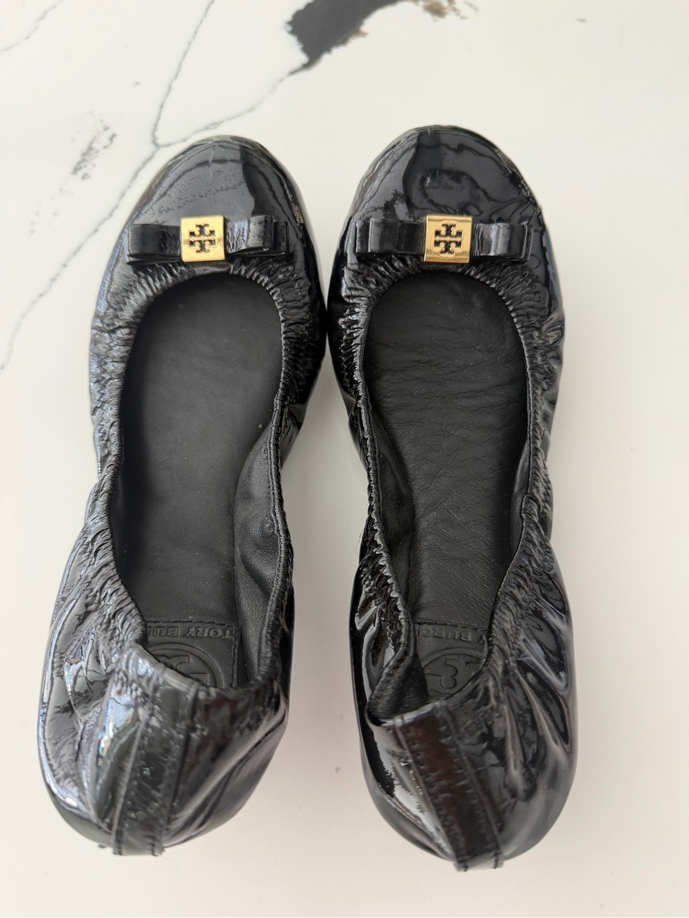 Tory Burch Black Patent Leather Ballet Flats with Gold Logo Accent